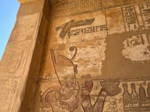 <p>Fig. 6. Darius wearing the Double Crown offering lettuces to the god Amun-Min-Kamutef on the interior wall of the Inner Gateway. The cartouche of Darius is carved on the left side, on the jamb (image: R. Rollinger).</p>
