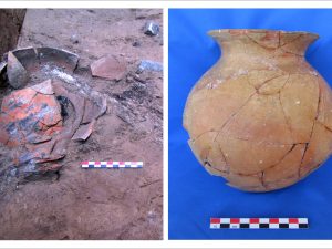 <p>Fig. 4. A burnished orange ware jar from Trench B at Qasrdasht. In situ and after  restoration (photo: M. T. Atayi)</p>
