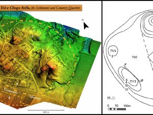 <p>Fig. 2. The mounds of Chegā Soflā: Residential and cemetery areas (photo: Zohreh Prehistoric Project archive map by Ramin Yashmi and Loghman Ahmadzadeh (left); Dittmann, <em>Eine Randebene des Zagros</em>, p. 115, Abb 9)</p>
