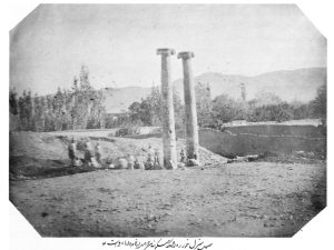 <p>Fig. 2. The 1859 excavations at Khorheh. The original caption reads: “These columns are said to date back to the time of Dārā [Darius].” Albumen print, yellow-brown colored, 234 x 171mm, conserved in the Golestan Palace Library (photo: Ch. Adle, published in “Khorheh. The Dawn of Iranian Scientific Archaeology,” <em>Tavoos Quarterly</em>, Nos. 3&4, Spring & Summer 2000, p. 27 of the English text)</p>
