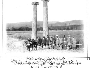 <p>Fig. 3. The 1892 excavations as shown on this photograph with a caption that reads: “Panorama of the village of Khorheh and the two columns mentioned,” dated to the 4th of Zi-qa‘deh in the year 1309, Lūy-ïl / 31 May 1892. Glass plate, 179 x h. 128 mm., conserved in the Golestan Palace Library (photo: Ch. Adle,  published in “Khorheh. The Dawn of Iranian Scientific Archaeology,” <em>Tavoos Quarterly</em>, Nos. 3&4, Spring & Summer 2000, p. 22 of the English text)</p>
