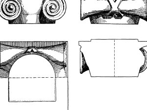 <p>Fig. 8. Herzfeld’s drawing of the Ionian capitals at Khorheh (Herzfeld, <em>Iran in the Ancient East</em>, p. 285, fig. 385)</p>
