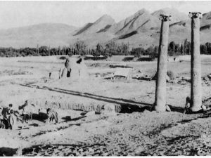 <p>Fig. 10. Hakemi’s excavations in 1955. In the background, left, is the village’s lime kiln on the southwestern edge of the Parthian building. Lime and brick kilns have been a major threat to ancient mud-brick structures throughout the country (Hakemi, “The Excavation of Khurha,” <em>East and West</em> 40/1, 1990, p. 27, fig. 15)</p>
