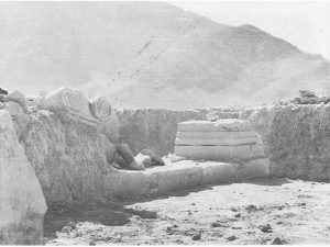 <p>Fig. 13. Hakemi’s excavations in 1955. Excavation of the colonnade. A pilaster base and a capital with volute are visible (Hakemi, “The Excavation of Khurha,” <em>East and West</em> 40/1, 1990, p. 26, fig. 14)</p>
