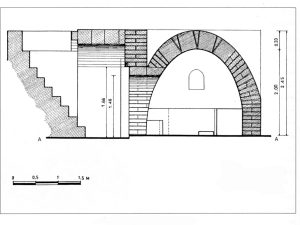 <p>Fig. 3. Section of the underground tomb showing the stairway and the vaulted chamber (after Rahbar, “Ārāmgāh-e zirzamini-ye elymā’i dar Sāleh Dāvood,” p. 301, fig. 7)</p>
