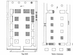 <p>Fig. 14. The plans of the vaulted hall at Tepe Mil and the Pillared Hall at Takht-e Sōleymān as compared by Rudolf Naumann (after Naumann, “Tepe Mill, Ein Sasanidischer Palast,” <em>Baghdader Mitteilungen</em>, vol. 3, 1964, pp. 76)</p>
