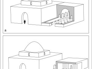 <p>Fig. 6. Two tentative reconstructions of the columned building abutting the main building of chāhār-tāq (reconstruction and drawing: M. Labbaf-Khaniki)</p>
