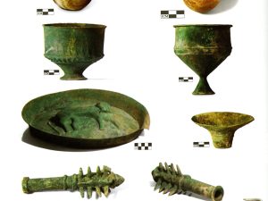 <p>Fig. 8. A collection of finds from Deh Domen’s graves, including stone and bronze vessels (after Naseri,  “Kāvosh-e nejātbakhshi-ye mohavatteh va gūrestān-e bāstāni-ye Deh Domen,” p. 11).</p>
