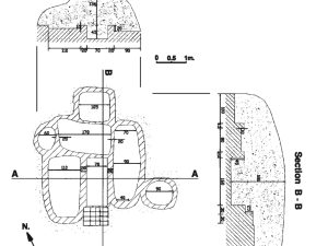 <p>Fig. 1. Plan and section of the subterranean tomb (after Ne’mati and Sadraie, “Parthian Rhythons from Velirān,” p. 314, pl. 4)</p>
