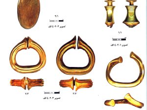 <p>Fig. 3.  Jubaji. Collection of gold finds, including the inscribed ring (after Shishegar, <em>Tomb of the Two Elamite Princesses</em>, color plate 4).</p>
