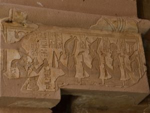 <p>Fig. 5. Darius, kneeling, offers wine to Osiris, Horus Son of Isis, Isis, and Nephthys. South reveal of the gateway to Darius’ Temple (image: R. Röllinger).</p>
