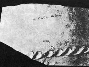 <p>Fig. 25. Qal’eh Zohāk. Ostraca with Middle Persian text (after Qandgar, Esma‘ili, and Rahmatpour, “Kāvoshhā-ye bāstanshenāsi-ye Qal’eh Azhdehāk, Hashtrūd, ” p. 216).</p>
