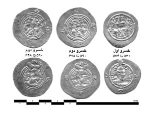 <p>Fig. 5. Silver coins from Shiyān: left, coin of Khosrow I (r. 531-579), right, two coins of Khosrow II (r. 591-628) (photo: Hasan Rezvani)</p>
